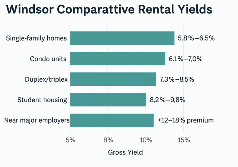 Bar chart comparing gross rental yields in Windsor across four property types. Single-family homes show yields between 5.8% and 6.5%. Condo units range from 6.1% to 7.0%. Duplex/triplex properties yield between 7.3% and 8.5%. Student housing offers the highest yields, from 8.2% to 9.8%. The chart uses distinct colors for each property type on a clean white background long term rentals
